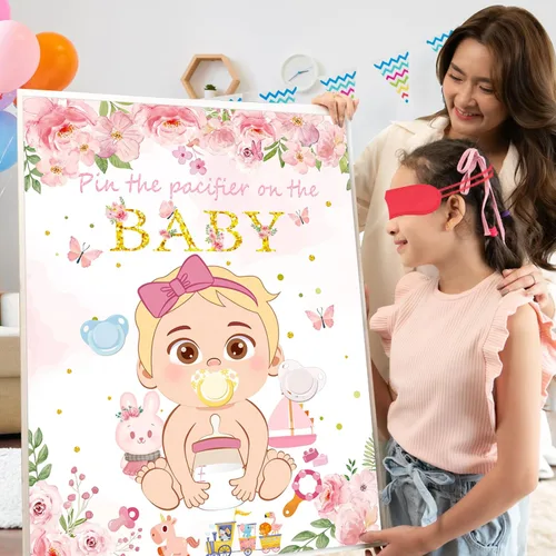 Miniatura 2 de Juego Pon el Chupete al Bebé Rosa Juego de Baby Shower Decoraciones para Fiesta Incluye Póster Grande 30 Pegatinas de Chupete Juego para Baby