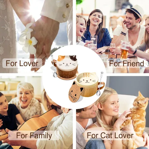 Miniatura 5 de BigNoseDeer 2 tazas lindas de cerámica Kawaii con gato, taza de café con tapa, tazas de té y platillos para postre, regalos lindos para amantes