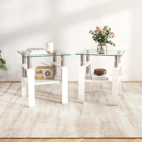 Miniatura 14 de Meihua Mesa auxiliar de vidrio para espacios pequeños, mesa auxiliar cuadrada de vidrio, mesita de noche moderna de 2 niveles con patas de metal