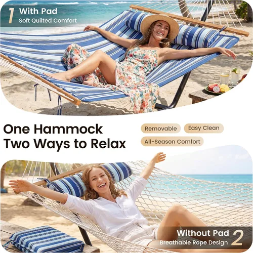 Miniatura 6 de Everyfun - Hamaca para 2 personas al aire libre con soporte, hamaca de cuerda de algodón con almohadilla de poliéster, estructura de acero