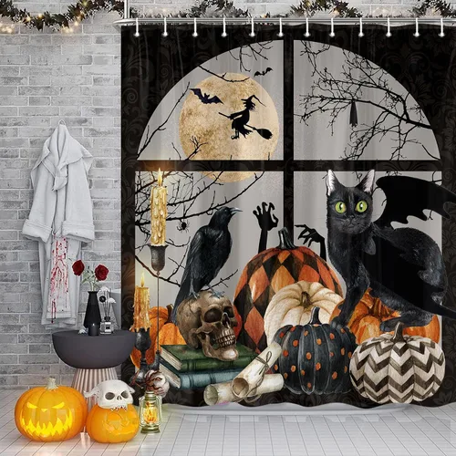 Miniatura 2 de Cortina de ducha de Halloween, espeluznante calabaza negra, gato negro, juego de cortina de ducha de esqueleto gótico, calavera de terror