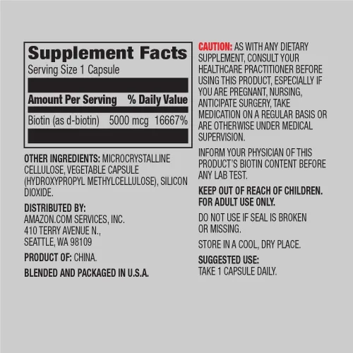 Miniatura 6 de Amazon Elements Vitamina D3, 5000 UI, 180 cápsulas blandas, suministro para 6 meses y biotina 5000 mcg, vegano, 130 cápsulas