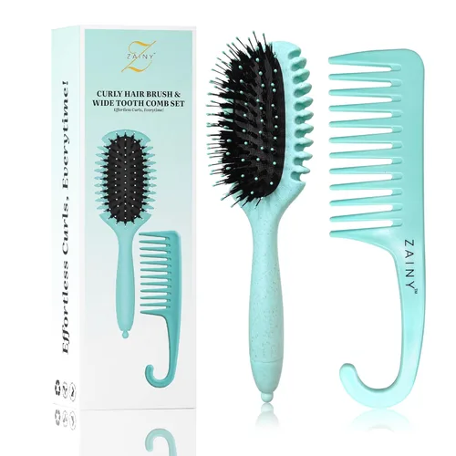 ZAINY Juego de 2 cepillos para definir rizos para cabello rizado, peine de dientes anchos para rizos, cepillo desenredante para el cabello húmedo y