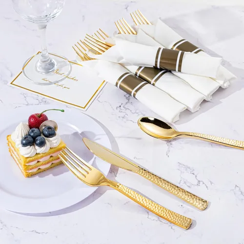 Miniatura 5 de WELLIFE Paquete de 50 cubiertos de plástico dorado, servilletas preenrolladas con cubiertos dorados, cubiertos martillados dorados desechables
