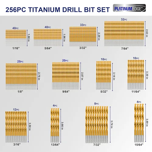 Miniatura 3 de Juego de brocas de titanio de 256 piezas, acero de alta velocidad con punta anticaminar de 135 °, tamaño de 1/16 pulgadas hasta 1/2 pulgadas, ideal