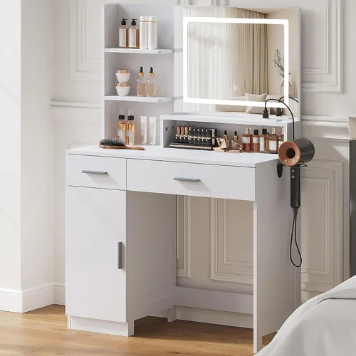 Miniatura 7 de Escritorio de tocador con espejo LED y luces, mesa de tocador de maquillaje con toma de corriente, cajones, armario, tocador con estantes