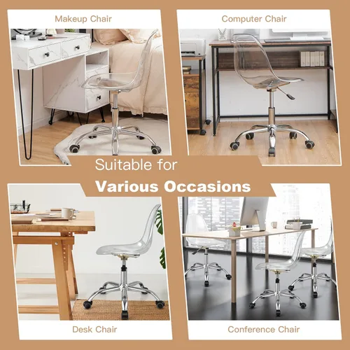 Miniatura 5 de Giantex Silla de escritorio de acrílico, silla enrollable de oficina transparente sin brazos, silla fantasma de ocio ajustable con base cromada