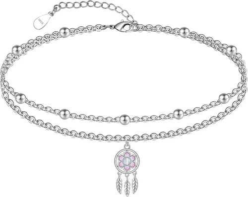 Miniatura 46 de CHIC & ARTSY Tobilleras delicadas de plata de ley S925 para verano, pulsera de tobillo ajustable multicapa para playa, joyería de pie para mujer