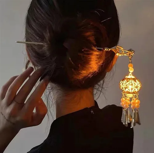 Miniatura 7 de Gancho de pelo con luz de linterna Bincout Meerore, accesorio de pelo con borla enrollada, estilo antiguo, para mujer #04