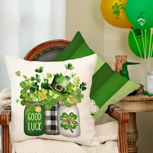 Miniatura 7 de GEEORY Juego de 4 fundas de almohada del Día de San Patricio de 18 x 18 pulgadas, juego de 4 fundas de almohada con diseño de trébol verde con Verde