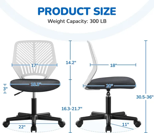 Miniatura 3 de Topeakmart Silla de escritorio sin brazos, soporte lumbar de malla, ergonómica, giratoria para espacios pequeños, gris oscuro