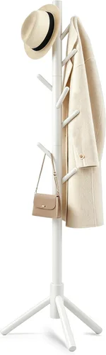 Perchero de madera maciza independiente, árbol de pino de Nueva Zelanda con 8 ganchos y 3 tamaños ajustables para abrigos, sombreros, bolsos y Blanco