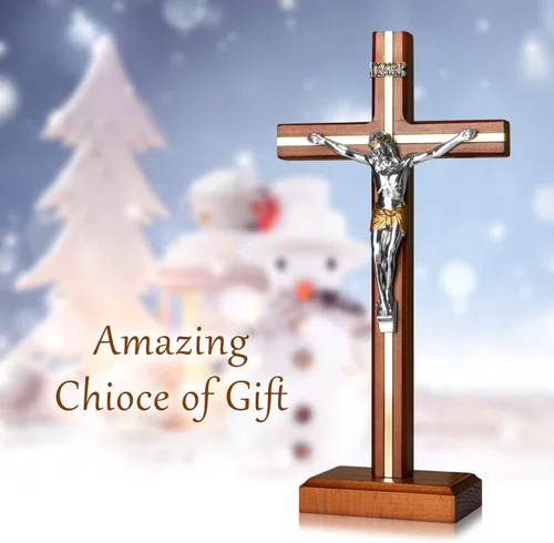 Miniatura 7 de KUXBET Crucifijo de Pie Cruz con Soporte Desmontable de 10.6 Pulgadas Cruz de Madera Católica de Jesucristo para Colgar en la Pared para Decoración