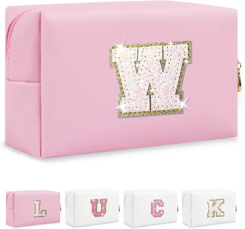 Miniatura 15 de Bolsa de maquillaje con parche de letra inicial personalizada, bolsa de cosméticos de chenilla preppy con letra de chenilla con cremallera, Y
