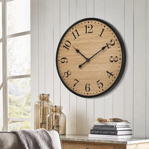 Miniatura 4 de Reloj de pared rústico para decoración de sala de estar, reloj de pared grande de 24 pulgadas con cara de madera marrón oscuro y marco de metal