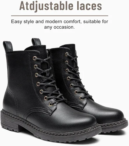 Miniatura 8 de Vepose - Botas de combate para mujer con puntera corta, cordones clásicos, tacón bajo, cremallera 9623