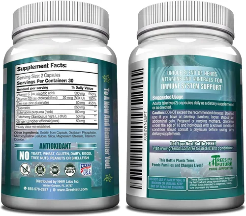 Miniatura 6 de GreeNatr Suplemento de apoyo inmunológico con vitamina C, D3, cinc 50 mg, quercetina, equinácea purpurea, sambucus saúco y jengibre para una defensa