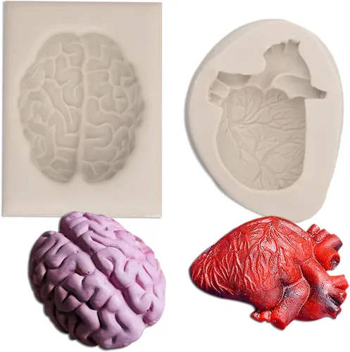 Molde de fondant de corazón humano, moldes de silicona para Halloween anatómico cerebro y corazón, puede hornear pastel, decoración de cupcakes,