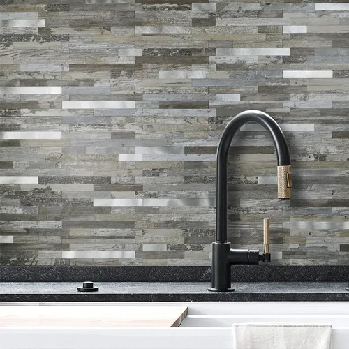 Miniatura 4 de DICOFUN - Azulejo adhesivo de loseta en muro de PVC para la cocina, estilo madera vieja, 1 lámina Madera envejecida y metal plateado