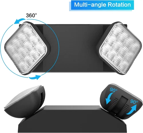 Miniatura 5 de Paquete de 2 letreros de salida LED negros con luces de emergencia y batería de respaldo, ajustable, cableado, 2 cabezales LED, certificado UL