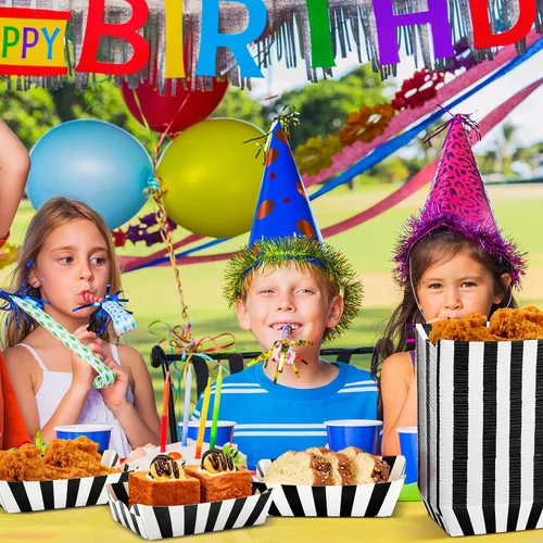 Miniatura 5 de Yaomiao 100 bandejas de papel a rayas, botes de papel para comida, nachos y perritos calientes, platos desechables para carnaval, ferias, Negro