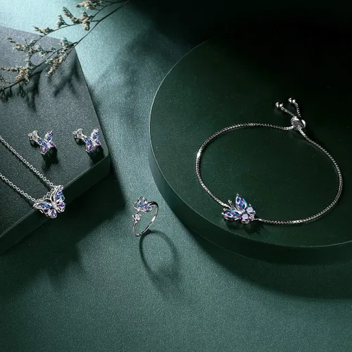 Miniatura 3 de 925 Sterling Silver Birthstone Butterfly Jewelry Women Crystal Animal Cute Butterflies Birthday NecklaceEarringRingBracelet Sets Birth Stone