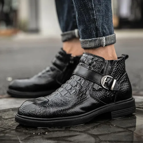 Miniatura 7 de Botas de cuero genuino con estampado para hombre, para otoño e invierno, de alta altura, con correa estilo Bukle
