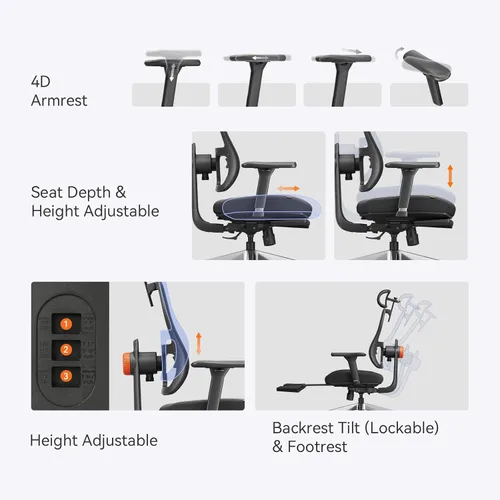 Miniatura 8 de Newtral Silla de oficina ergonómica, silla de escritorio de oficina en casa con reposapiés, respaldo y reposacabezas de seguimiento automático, Negro