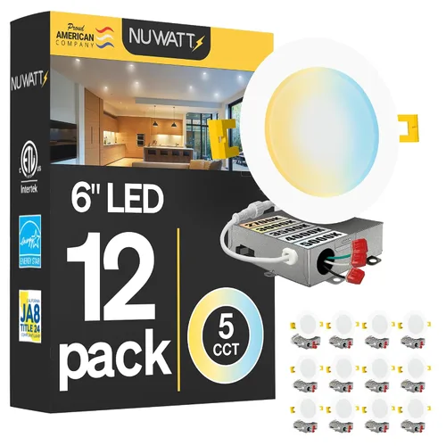 NUWATT Paquete de 12 luces LED empotrables ultrafinas de 6 pulgadas, CCT 2700K/3000K/3500K/4000K/5000K seleccionable, 1050LM 15W, regulable,