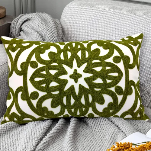 Alysheer - Funda de almohada lumbar decorativa bordada 12" x 20", patrón de bordado clásico Boho Mandala, funda de cojín rectangular de algodón para