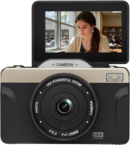 Miniatura 4 de Cámara digital 4K con zoom de 16X antivibración, pantalla LCD de 3 pulgadas, cámara compacta de vlogging de 180° con tarjeta SD de 32G, color negro