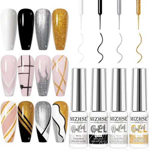 Miniatura 10 de MIZHSE Gel Liner Nail Art Polish Pintura en gel en blanco y negro para uñas, diseño de líneas de remolino, pintura de puntos, kit de manicura
