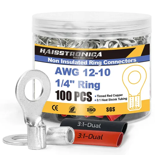 Miniatura 26 de haisstronica Juego de conectores de cables no aislados, 50 piezas de terminales de anillo de 5/16" (AWG12-10) con 50 piezas de tubo termorretráctil