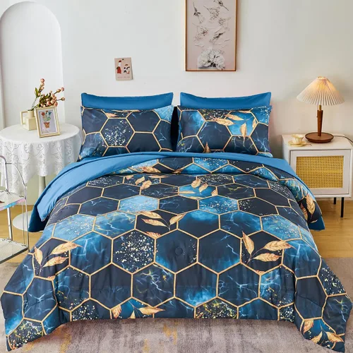 Miniatura 13 de ZRNBAST - Juego de edredón de nido de abeja negro de tamaño completo de 7 piezas, ropa de cama hexagonal suave y ligera, de mármol para todas