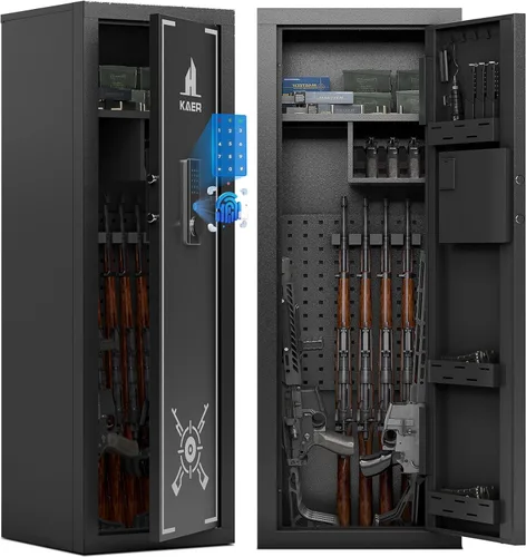 KAER - Caja fuerte biométrica para rifles y pistolas, cajas fuertes para armas que acomodan 14-15 armas de fuego con estantes ajustables y