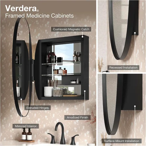 Miniatura 6 de Kohler 35573-BNL Verdera® - Espejo de gabinete de medicina enmarcado, diseño cápsula, interior espejado, gabinete de baño, estantes de vidrio
