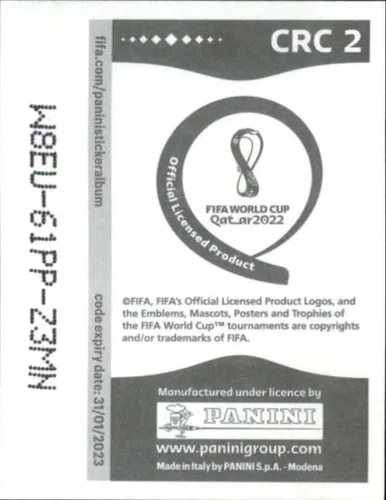 Miniatura 2 de Adhesivo de fútbol de la Copa Mundial Panini 2022 #CRC2 con logotipo del equipo de Costa Rica Group E Oficial de Qatar WC en bruto (NM o mejor)