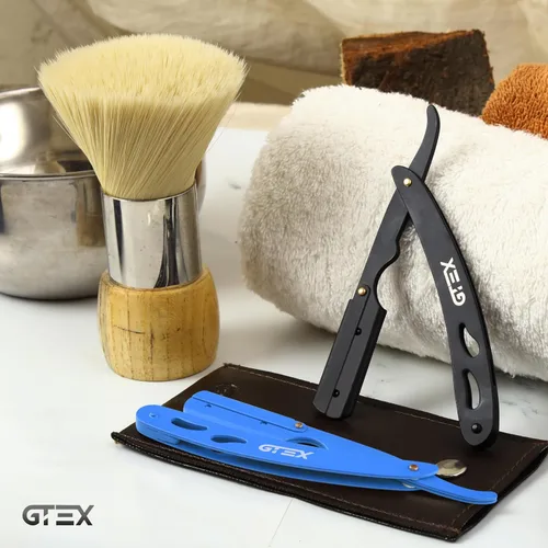 Miniatura 8 de 2 maquinillas de afeitar rectas para hombres (azul negro), 100 cuchillas GTEX de primera calidad (acero japonés) – Paquete de 2 maquinillas