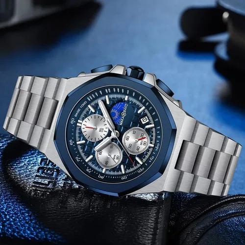 Miniatura 5 de Reloj de cuarzo para hombre de negocios de acero inoxidable impermeable multifuncional cronometraje