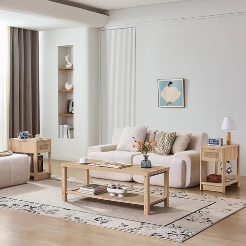 Miniatura 7 de Lerliuo - Mesas de café boho para sala de estar, mesa central de ratán con estante de almacenamiento abierto, madera natural