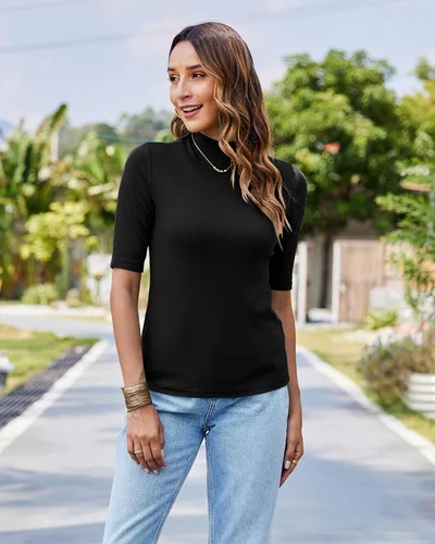 Miniatura 5 de LaLaLa Camiseta de media manga para mujer, cuello alto, elegante, casual, para primavera, ajustada, básica