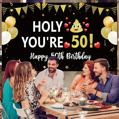 Miniatura 4 de Divertida pancarta de cumpleaños 50 para hombres y mujeres, pancarta de feliz cumpleaños de 50 años color negro y dorado para fiestas, fondo