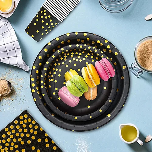 Miniatura 4 de Paquete de 50 platos de papel negros y dorados, 7 pulgadas, metálicos con lunares de papel de aluminio, desechables, platos de postre para fiestas