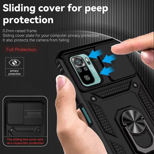 Miniatura 2 de Funda para Redmi Note 10/Redmi Note 10S/Poco M5S con protector de pantalla de vidrio templado y cubierta de cámara deslizante, anillo magnético Negro
