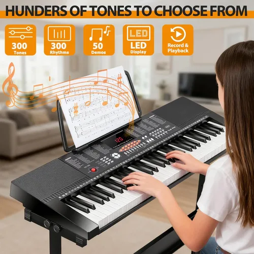 Miniatura 3 de ZENY Piano de teclado eléctrico portátil de 61 teclas con altavoces integrados, pantalla LED, auriculares, micrófono, soporte para piano, soporte
