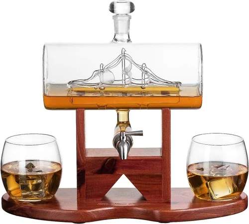 The Wine Savant - Juego de decantador de whisky, dispensador de licor para bar en casa, cristal de cristal, barco de 42.3 fl oz y 2 vasos de whisky