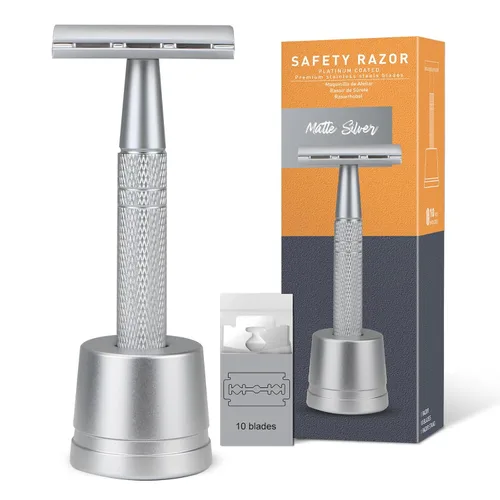 Miniatura 16 de Maquinilla de afeitar de seguridad azul, navajas de una sola hoja para hombres Reusable Metal Razor, with 10 Platinum Coated Double Edge Blades