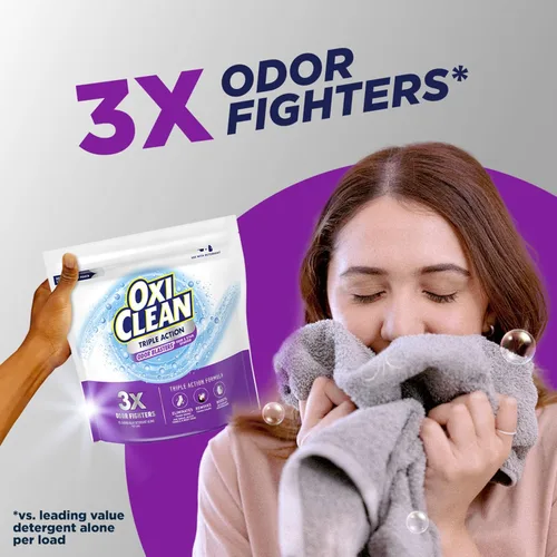 Miniatura 3 de OxiClean Polvo removedor de olores y manchas de triple acción, uso con detergente, elimina olores difíciles y elimina manchas, color seguro y sin