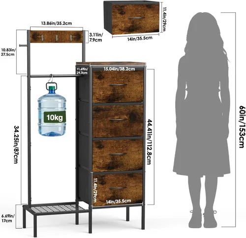 Miniatura 2 de Lewondr Cómoda con estante colgante y cajones de almacenamiento, 4 cajones con ganchos y estante, organizador de entrada rústico para accesorios