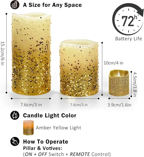 Miniatura 4 de FURORA LIGHTING Velas sin llama con purpurina dorada, cera real, brillo ajustable, control remoto y temporizador, 4 pilares (3 x 4, 3 x 6) y 4 Oro